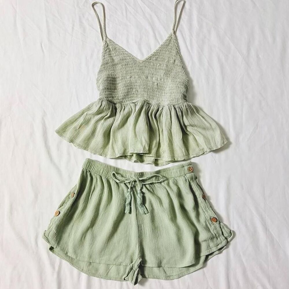Salty Lemon Women's Sage Green Crinkle Gauze Matching Two-Piece Set